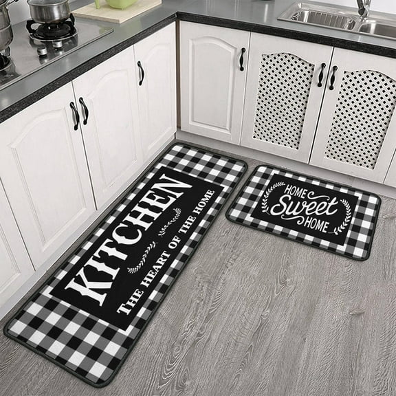Framhouse Kitchen Rugs and Mats Set of 2, Black and White Buffalo Plaid Non-Slip Floor Mat for Home Kitchen Decor - 17x29 and 17x47 Inch