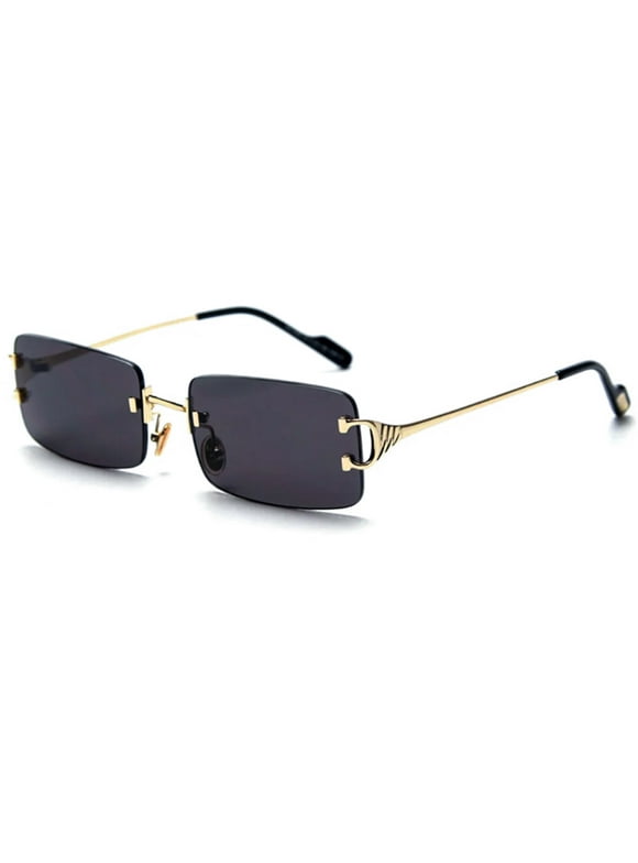 Framless Sunglasses Retro 90s  Rimless Hip Hop Fashion Dark Black Tinted Lens Rectangle Eyewear Gold Wire Frame Shades Glasses for Women Men