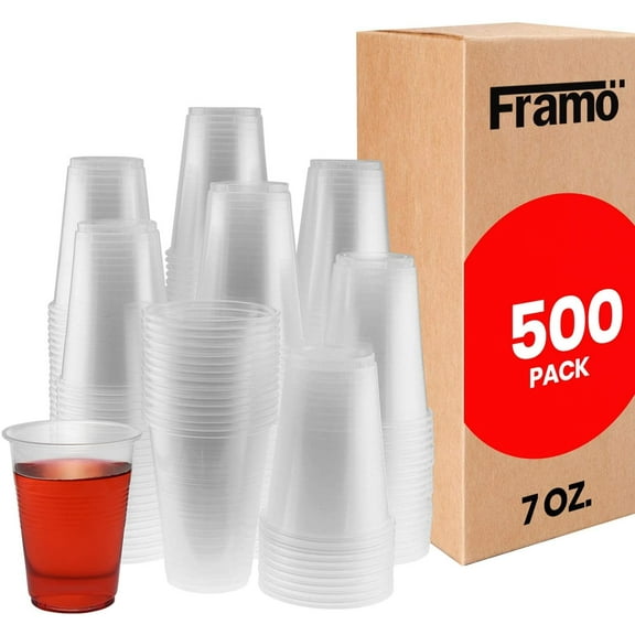 Framo 7 Oz Clear Plastic Cups, for Any Occasion, Disposable Transparent Ice Tea, Juice, Soda, and Coffee Glasses for Party, Picnic, BBQ, Travel, and Events, 500