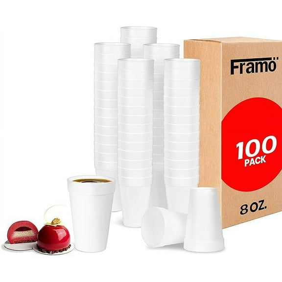 Framo 8 oz Foam Cups 100 Pack Lightweight Insulated Foam Cups for Coffee, Disposable ,