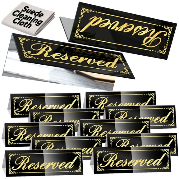 Framokoko 12 Pcs Mirrored Reserved Table Signs, Double Sided Table Tent Signs with Suede Cloth, Reservation Seat Indicators for Wedding Restaurant Ceremony Party Banquet (Black 6"x2")