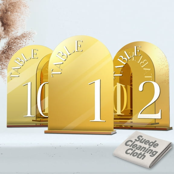 Framokoko Double-sided Letters 5"x7" Mirrored Arched Table Numbers 1-10 with Stands, Acrylic Wedding Table Numbers Centerpiece Decor for Wedding Reception Party Restaurant (Gold 1-10)