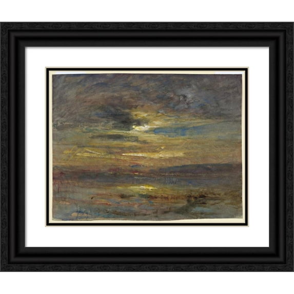 François-Auguste Ravier 18x15 Black Ornate Wood Framed Double Matted Museum Art Print Titled - Sunset Over a Pond (C. 1880)
