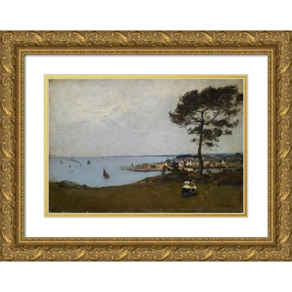 François Bocion 14x11 Gold Ornate Wood Frame and Double Matted Museum Art Print Titled - Small Breton Port (1866)