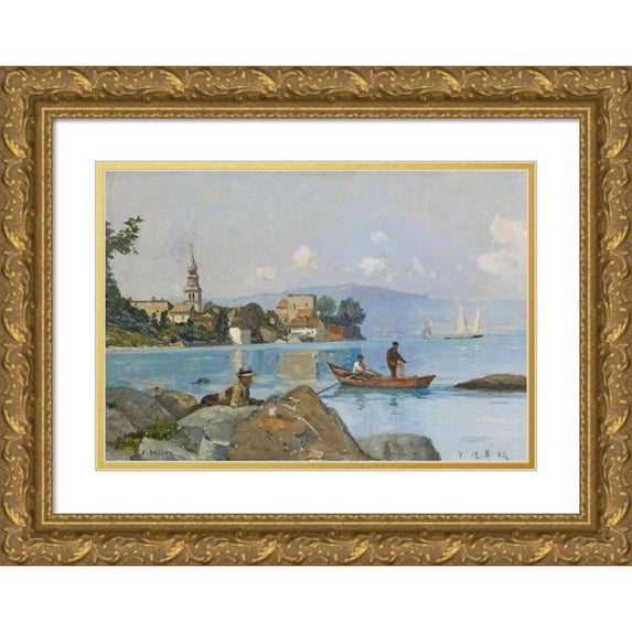 François Bocion 18x13 Gold Ornate Wood Frame and Double Matted Museum Art Print Titled - Yvoire (1884)