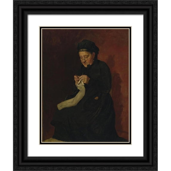 François Bonvin 15x18 Black Ornate Wood Framed Double Matted Museum Art Print Titled - Knitting Woman (1881)
