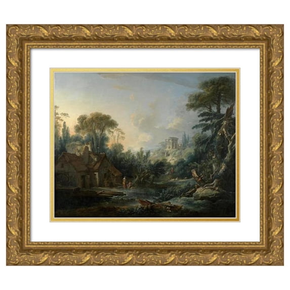 François Boucher 14x12 Gold Ornate Wood Frame and Double Matted Museum Art Print Titled - Landscape with a Water Mill