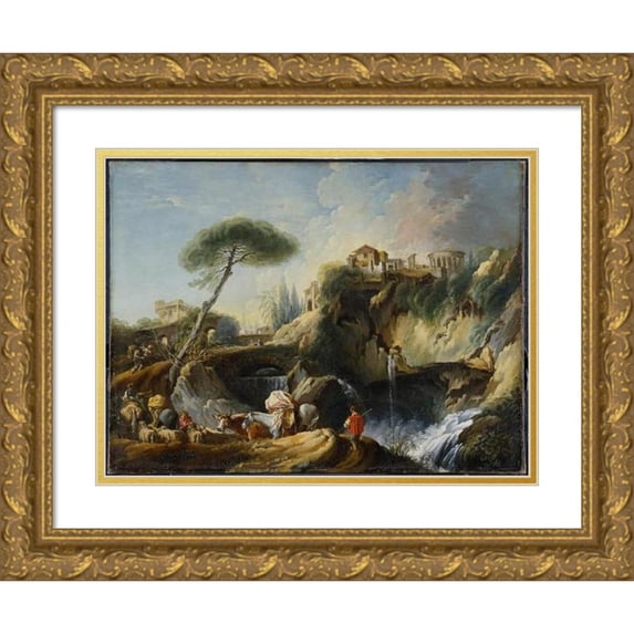François Boucher 14x12 Gold Ornate Wood Frame and Double Matted Museum Art Print Titled - View of Tivoli with the Temple of Vesta