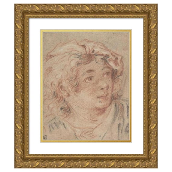 François Boucher 15x18 Gold Ornate Wood Frame and Double Matted Museum Art Print Titled - Young Man Wearing a Beret