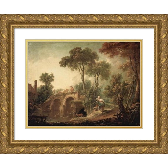 François Boucher 18x15 Gold Ornate Wood Frame and Double Matted Museum Art Print Titled - The Bridge (1751)