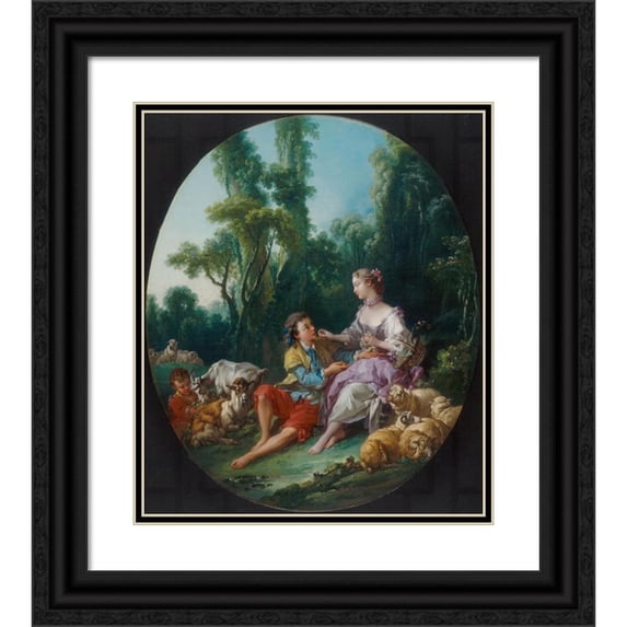 François Boucher 20x23 Black Ornate Framed Double Matted Museum Art Print Titled: Are They Thinking About the Grape (Pensent-Ils Au Raisin ) (1747)