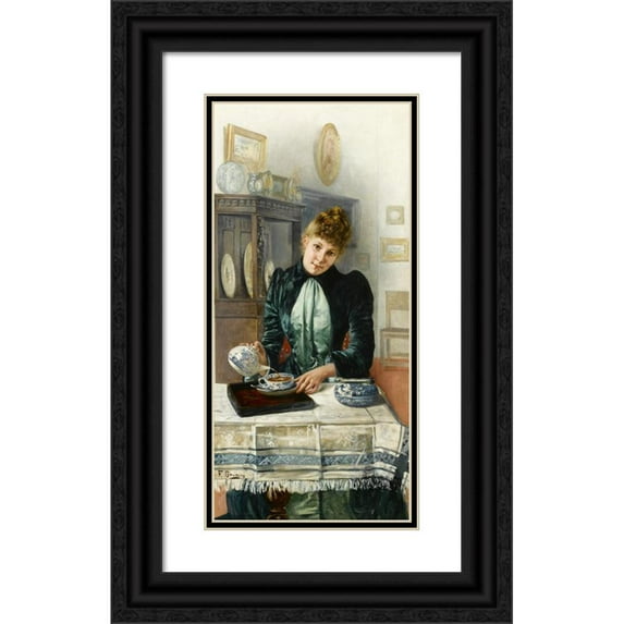 François Brunery 13x24 Black Ornate Framed Double Matted Museum Art Print Titled: Tea Time