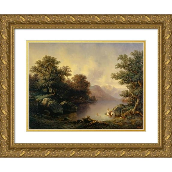 François Diday 14x11 Gold Ornate Wood Frame and Double Matted Museum Art Print Titled - By the Lake of Brienz (The Bathers) (1842)