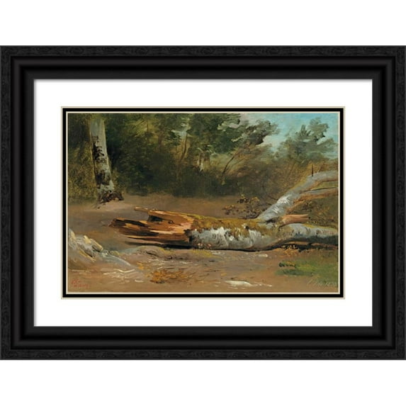 François Diday 24x17 Black Ornate Framed Double Matted Museum Art Print Titled: Forest With Tree Trunk (L’Jsle) (1833)