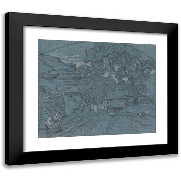François Edouard Bertin 14x12 Black Modern Framed Museum Art Print Titled - Landscape with Two Monks (C. 1840)