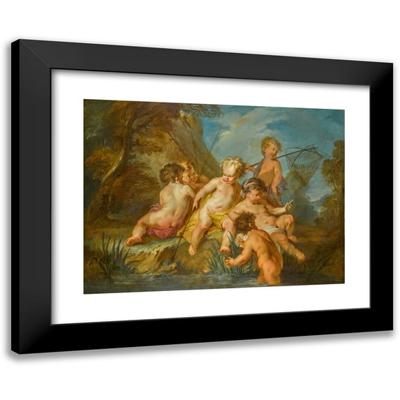 François Lemoyne 14x11 Black Modern Framed Museum Art Print Titled - ‘Fishing Loves’ (The Love of Fishing)