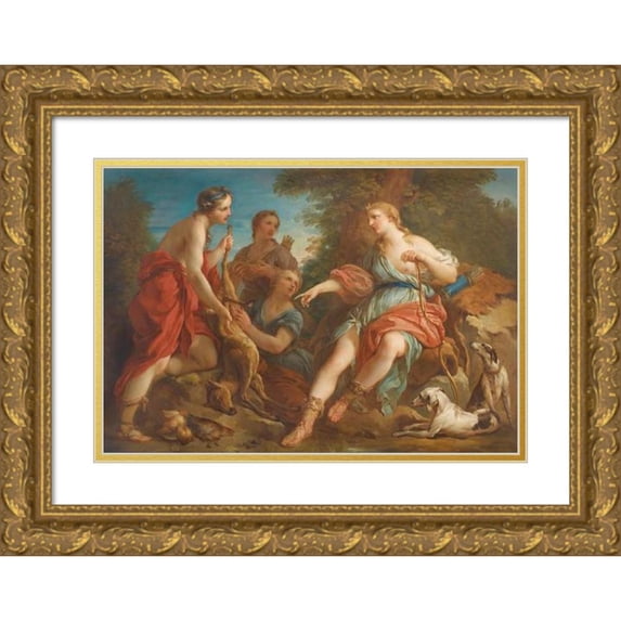 François Lemoyne 18x14 Gold Ornate Wood Frame and Double Matted Museum Art Print Titled - Diana Returning from the Hunt