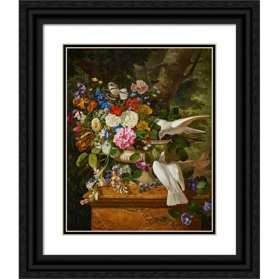 François Lepage 15x18 Black Ornate Wood Framed Double Matted Museum Art Print Titled - Flowers in a Vase with Two Doves (1816-1820)