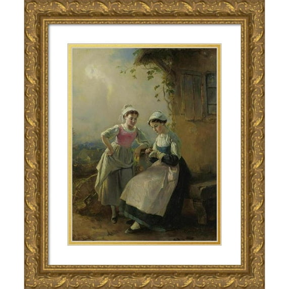 François-Louis Lanfant De Metz 15x18 Gold Ornate Wood Frame and Double Matted Museum Art Print Titled - Mending Little Socks
