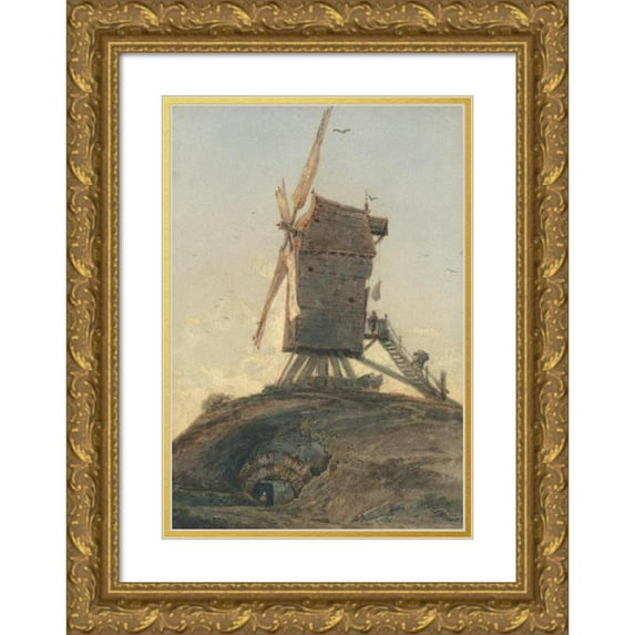 François Louis Thomas Francia 14x18 Gold Ornate Wood Frame and Double Matted Museum Art Print Titled - Windmill on a Knoll in a Landscape