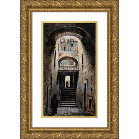 François-Marius Granet 10x14 Gold Ornate Wood Frame and Double Matted Museum Art Print Titled - A Street Under the Vaults