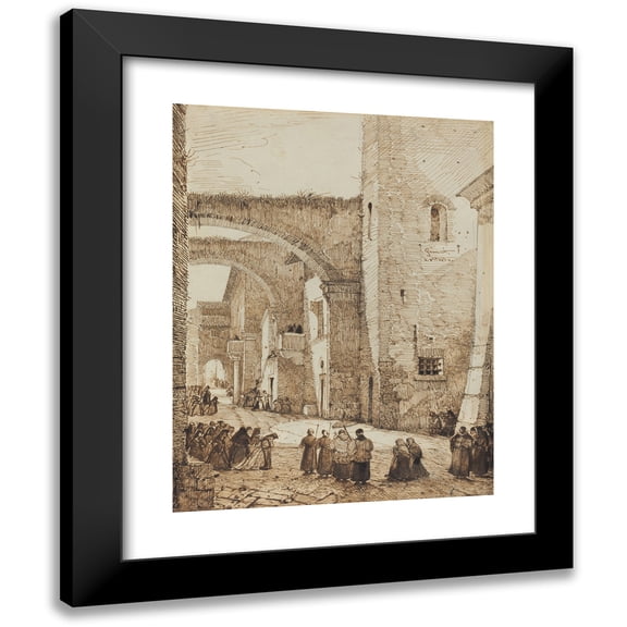 François-Marius Granet 12x14 Black Modern Framed Museum Art Print Titled - A Priest Processing Through a Medieval Street in Viterbo