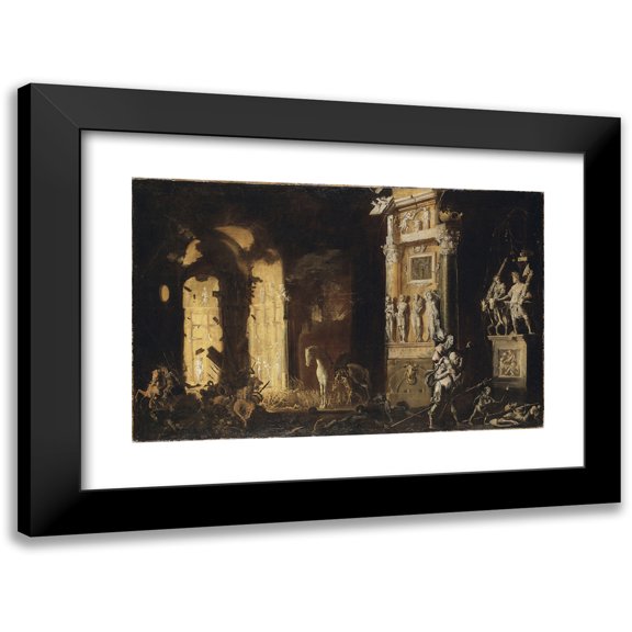 François de Nomé 14x11 Black Modern Framed Museum Art Print Titled - The Burning of Troy with the Flight of Aeneas and Anchises