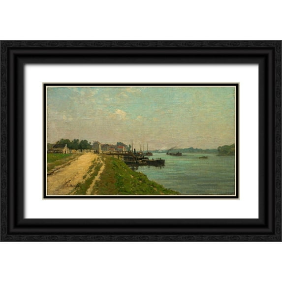 France 19th Century 32x20 Black Ornate Wood Framed with Double Matting Museum Art Print Titled - Banks of the Seine
