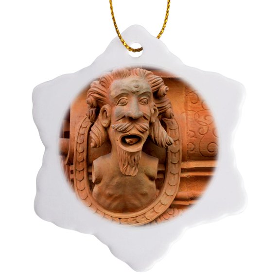 3drose, France, Alsace, Colmar. Gargoyle on the Facade of House of the Heads., 3 inch Snowflake Porcelain Ornament
