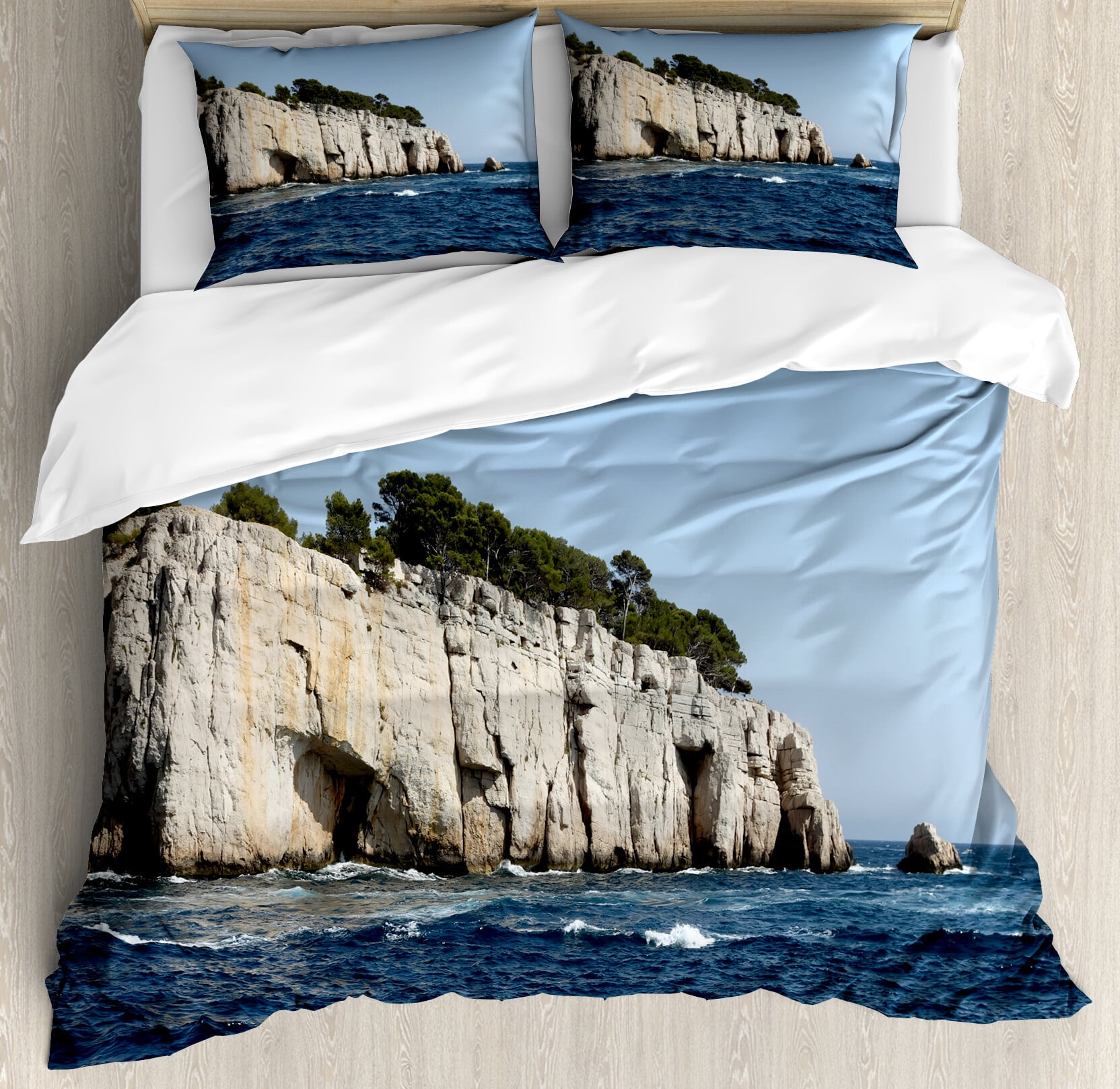 Queen Size Pale Sky Blue and Multicolor Coastal Duvet Cover Set
