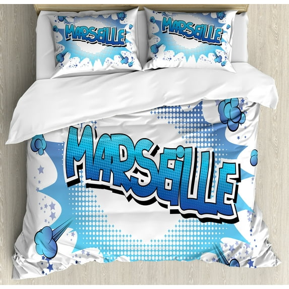 France Duvet Cover Set, Marseille Text Cloud Designed as Comic Book Style on Plain Background, Decorative 3 Piece Bedding Set with 2 Pillow Shams, King Size, White and Azure Blue, by Ambesonne