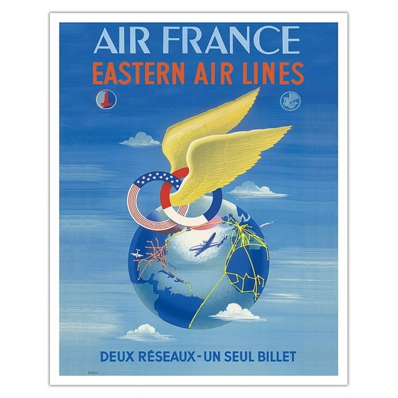 France - Eastern Air Lines - Deux Reseaux (Two Networks - One Single Ticket) - Vintage Airline Travel Poster by Plaquet c.1950 - Fine Art Matte Paper Print (Unframed) 16x20in