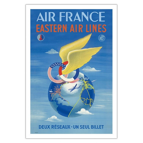 France - Eastern Air Lines - Deux Reseaux (Two Networks - One Single Ticket) - Vintage Airline Travel Poster by Plaquet c.1950 - Fine Art Matte Paper Print (Unframed) 30x44in