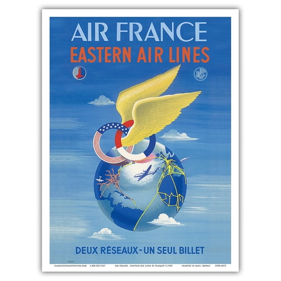 France - Eastern Air Lines - Deux Reseaux (Two Networks - One Single Ticket) - Vintage Airline Travel Poster by Plaquet c.1950 - Master Art Print (Unframed) 9in x 12in