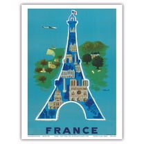 France - Eiffel Tower Paris - Vintage Airline Travel Poster by Bernard Villemot c.1952 - Master Art Print (Unframed) 9in x 12in