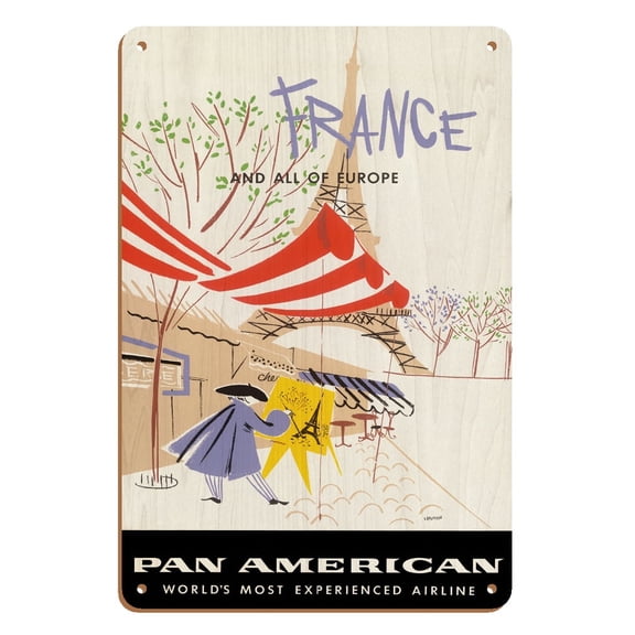 France & All Of Europe - French Painter Eiffel Tower Paris - Vintage Airline Travel Poster by Aaron Amspoker c.1950s - 8 x 12 inch Vintage Wood Art Sign