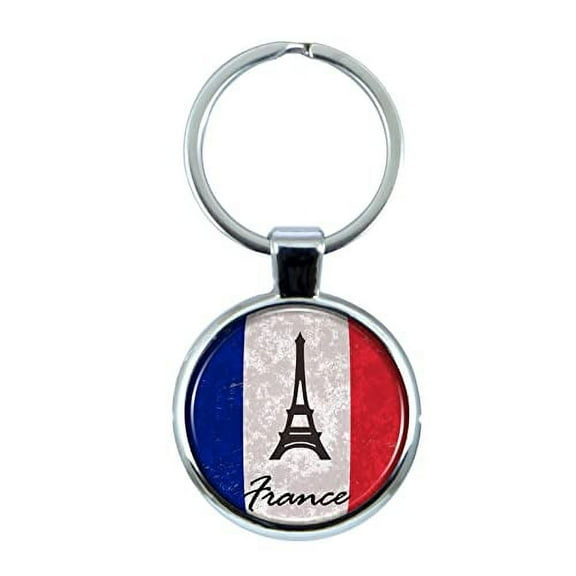 France Flag and Eiffel Tower Keychain with Epoxy Dome and Metal Keyring