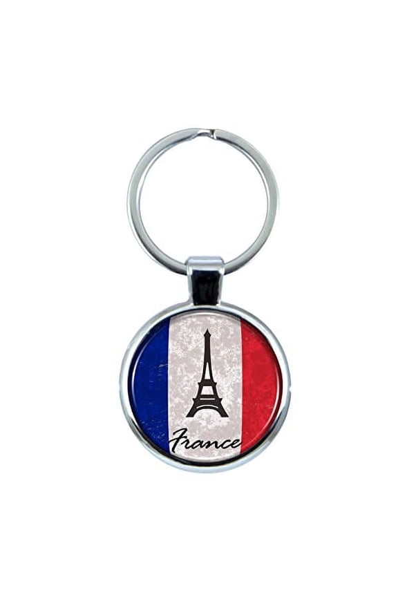 France Flag and Eiffel Tower Keychain with Epoxy Dome and Metal Keyring