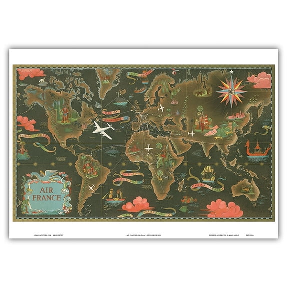 France - Fly Routes World Map - World Air Routes - Vintage Airline Travel Poster by Lucien Boucher c.1948 - Master Art Print 10in x 14in