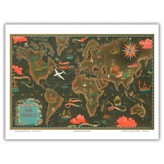 France - Fly Routes World Map - World Air Routes - Vintage Airline Travel Poster by Lucien Boucher c.1948 - Master Art Print (Unframed) 9in x 12in