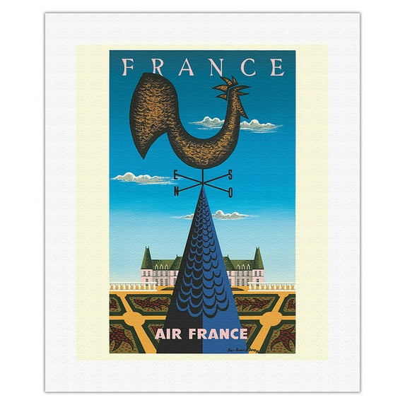 France - Gallic Rooster Weathervane - Château de Chambord Castle - Vintage Airline Travel Poster by Jean Picart Le Doux c.1956 - Fine Art Rolled Canvas Print 16in x 20in