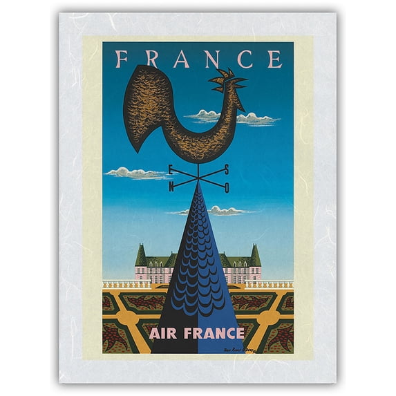 France - Gallic Rooster Weathervane - Château de Chambord Castle - Vintage Airline Travel Poster by Jean Picart Le Doux c.1956 - Japanese Unryu Rice Paper Art Print (Unframed) 12 x 16 in