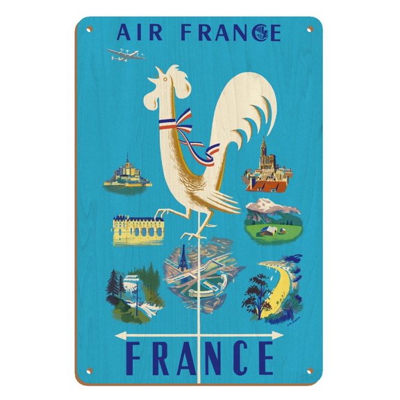 France - Gallic Rooster Weathervane and French Landmarks - Vintage Airline Travel Poster by Jean Marie Nabrin c.1951 - 8 x 12 inch Vintage Wood Art Sign