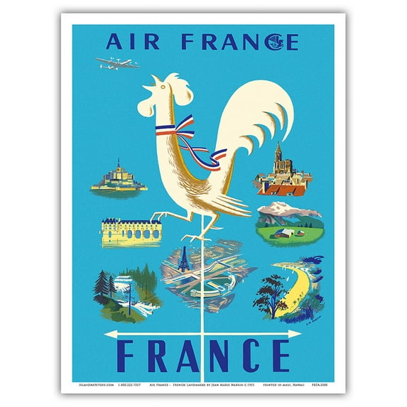 France - Gallic Rooster Weathervane and French Landmarks - Vintage Airline Travel Poster by Jean Marie Nabrin c.1951 - Master Art Print (Unframed) 9in x 12in