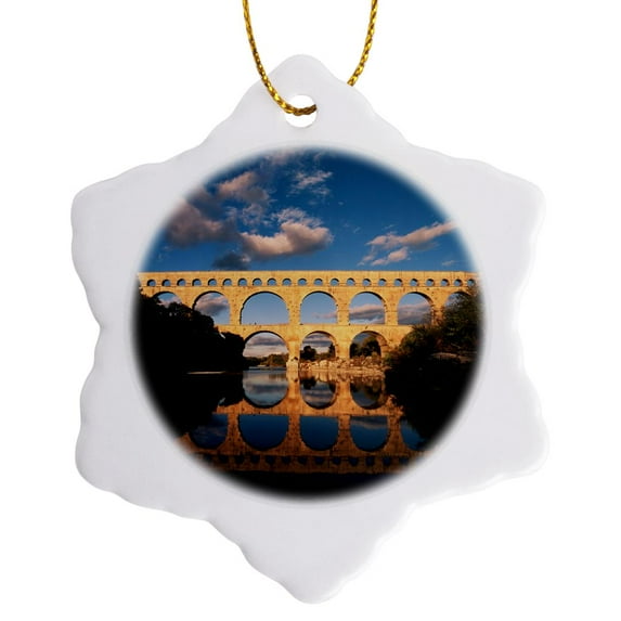 3drose, France, Gard, Languedoc, Pont Du Gard Bridge and River Gardon, 3 inch Snowflake Porcelain Ornament