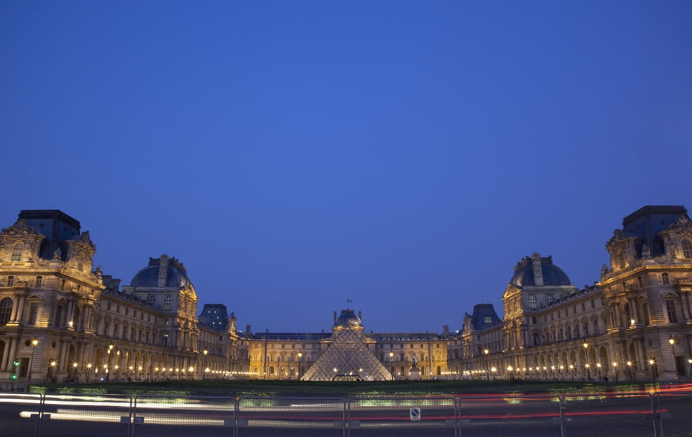 France Louvre Museum at dusk Paris Canvas Art - Mark Thomas  Design Pics (38 x 24)