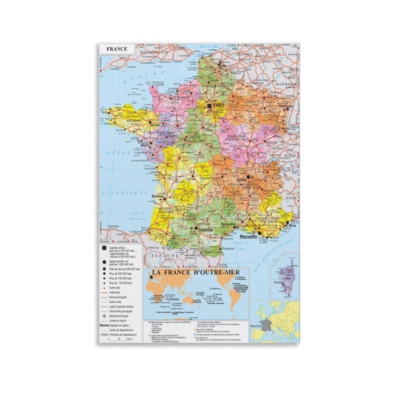 France Map Posters Canvas Art Poster and Wall Art Picture Print Modern Family bedroom Decor Posters 24x36inch(60x90cm)