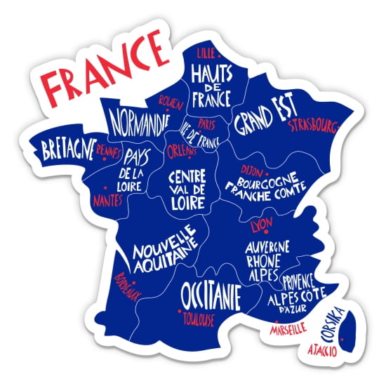 France Map with Regions - 5" Vinyl Sticker - For Car Laptop I-Pad - Waterproof Decal