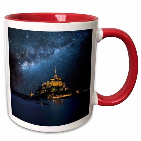 3drose, France. Milky Way over Le Mont St. Michel Landmark., 15oz Two-tone Red Mug