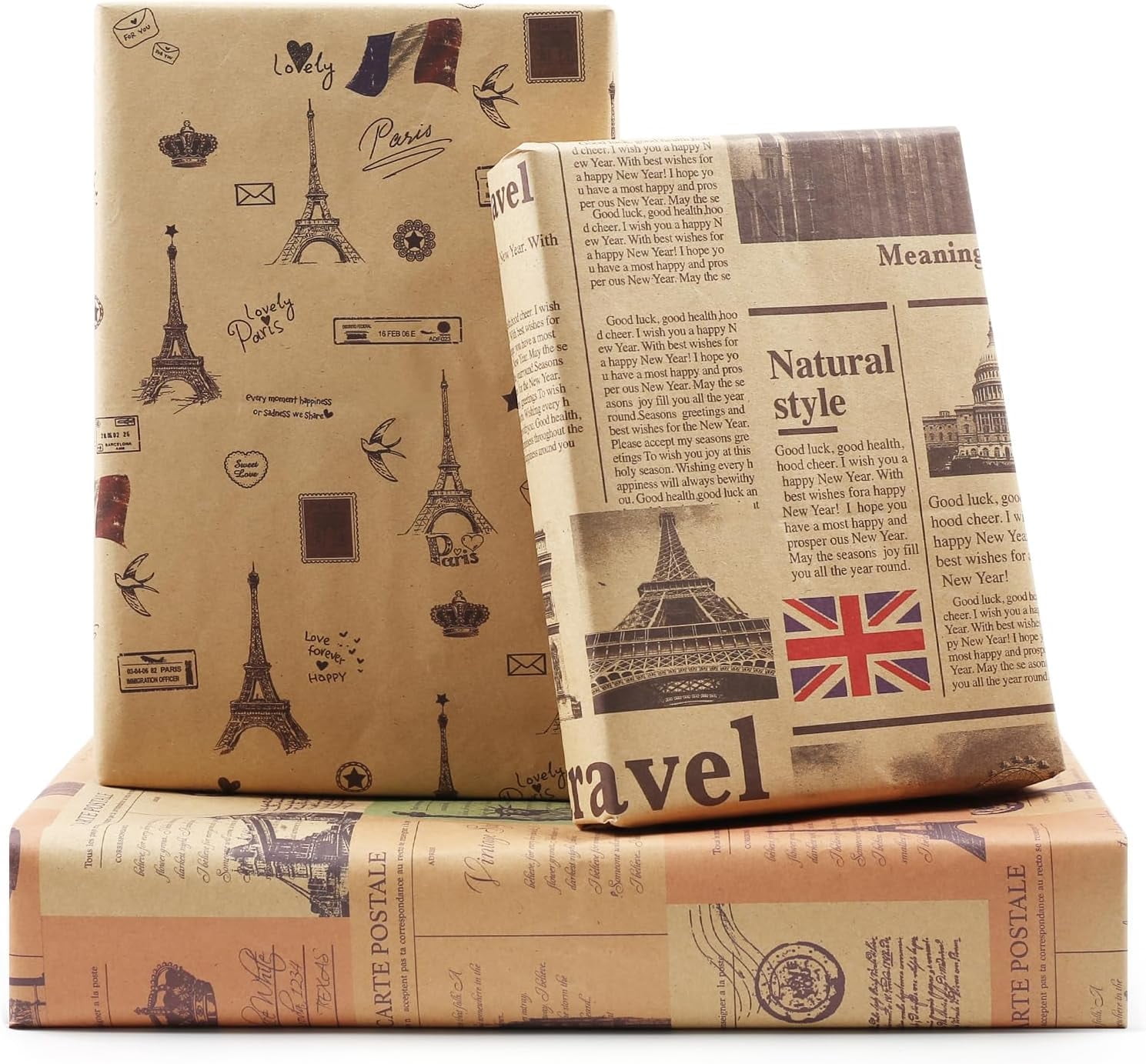 France Paris Eiffel Tower London Vintage Kraft Newspaper Traveller Wrapping Paper, Europe Gift Wrap 6 Sheets Folded Flat 20x28 inches per Sheet for Wedding, Birthday, Bridal Showers, Anniversary